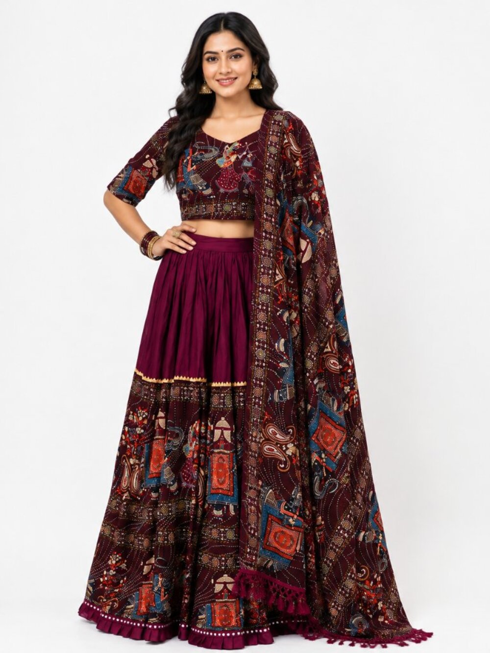 Navratri Lehenga Choli Set Women Burgundy Garba Dandiya Outfit NWT